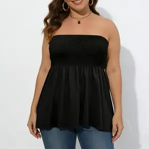 Women Solid Ruffle Hem Shirred Tube Top, Boho Casual Fashion Chic Style Tops, Lady Strapless Peplum Top, Tube Tops for Women, Womenswear, Casual Sleeveless Strapless