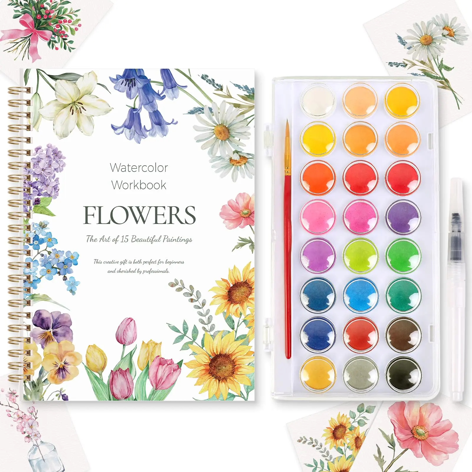 SKYDUE Watercolor Workbook for Beginners, 24 Paint Colors, 15 Floral Botanical Step-by-Step Tutorials, Thick Watercolor Paper, Easy Painting Art Set for Adults Teens Relaxing Art Gift,back to school haul,college school supplies,back to school shopping