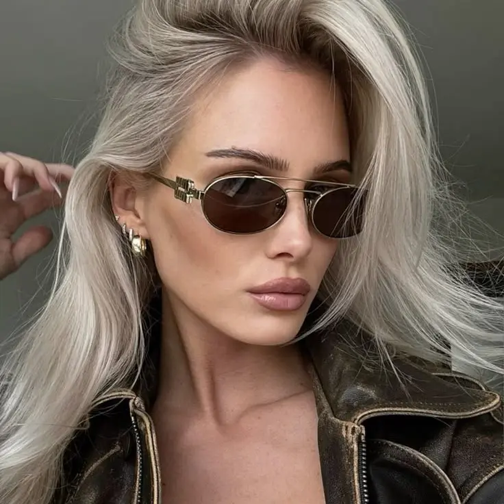 Women's Retro Oval 90s Narrow-Frame Full-Rim Metal Sunglasses - 2026 Trendy Polycarbonate Eyewear for Casual Wear, Chic Look