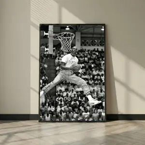 Michael Jordan Black and White Dunk Poster, Vintage Wall Art Print