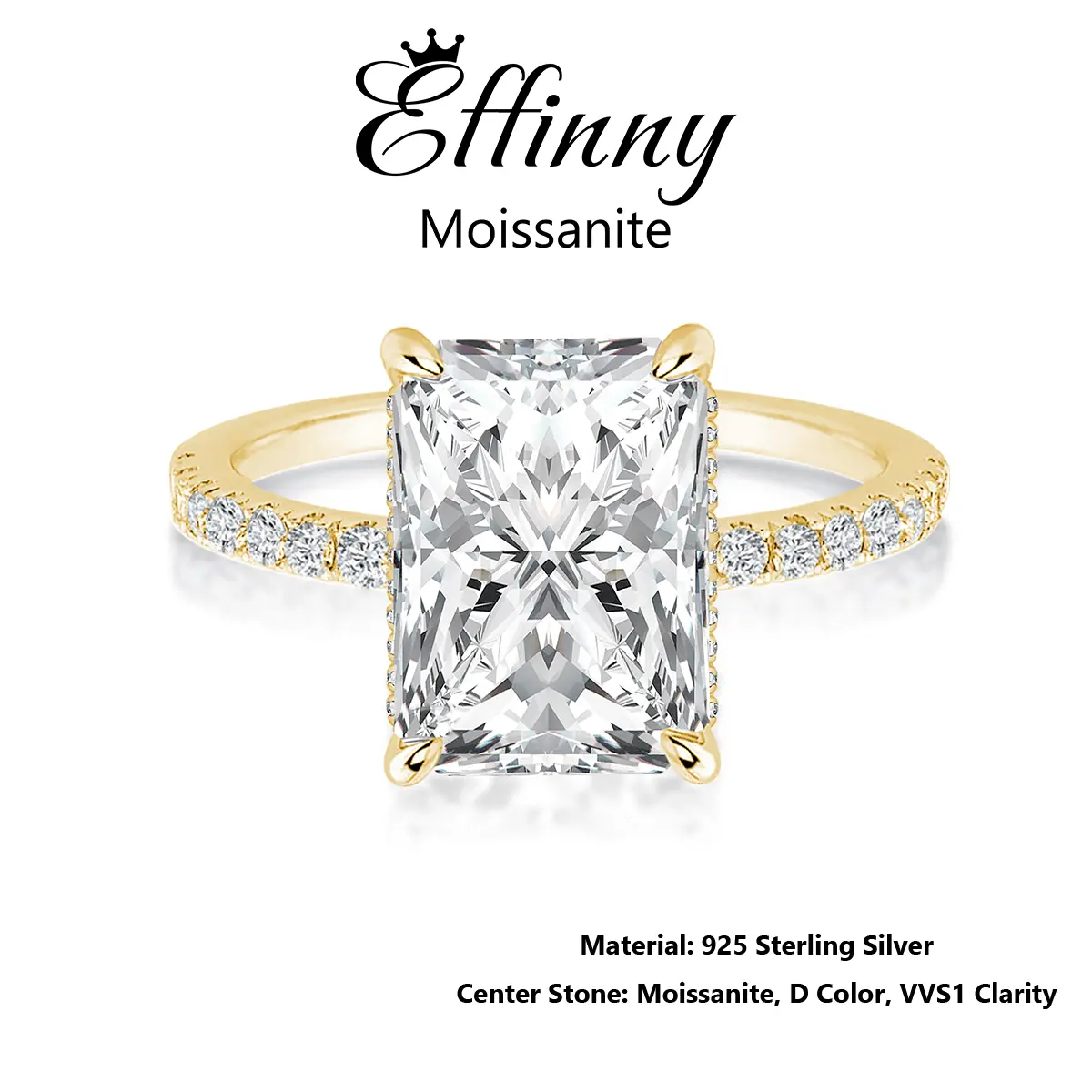 Effinny D Color VVS1 3.5 Carat Excellent Radiant Cut Golden Plated Engagement Ring, Synthetic Moissanite 925 Sterling Silver Promise Ring for Daily, Wedding, Party, Statement Ring, Bridal Rings
