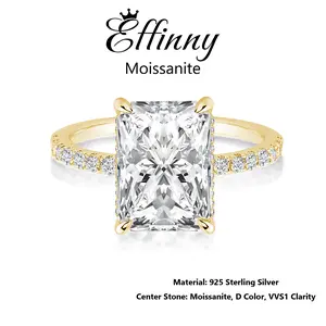 Effinny D Color VVS1 3.5 Carat Excellent Radiant Cut Golden Plated Engagement Ring, Synthetic Moissanite 925 Sterling Silver Promise Ring for Daily, Wedding, Party, Statement Ring, Bridal Rings