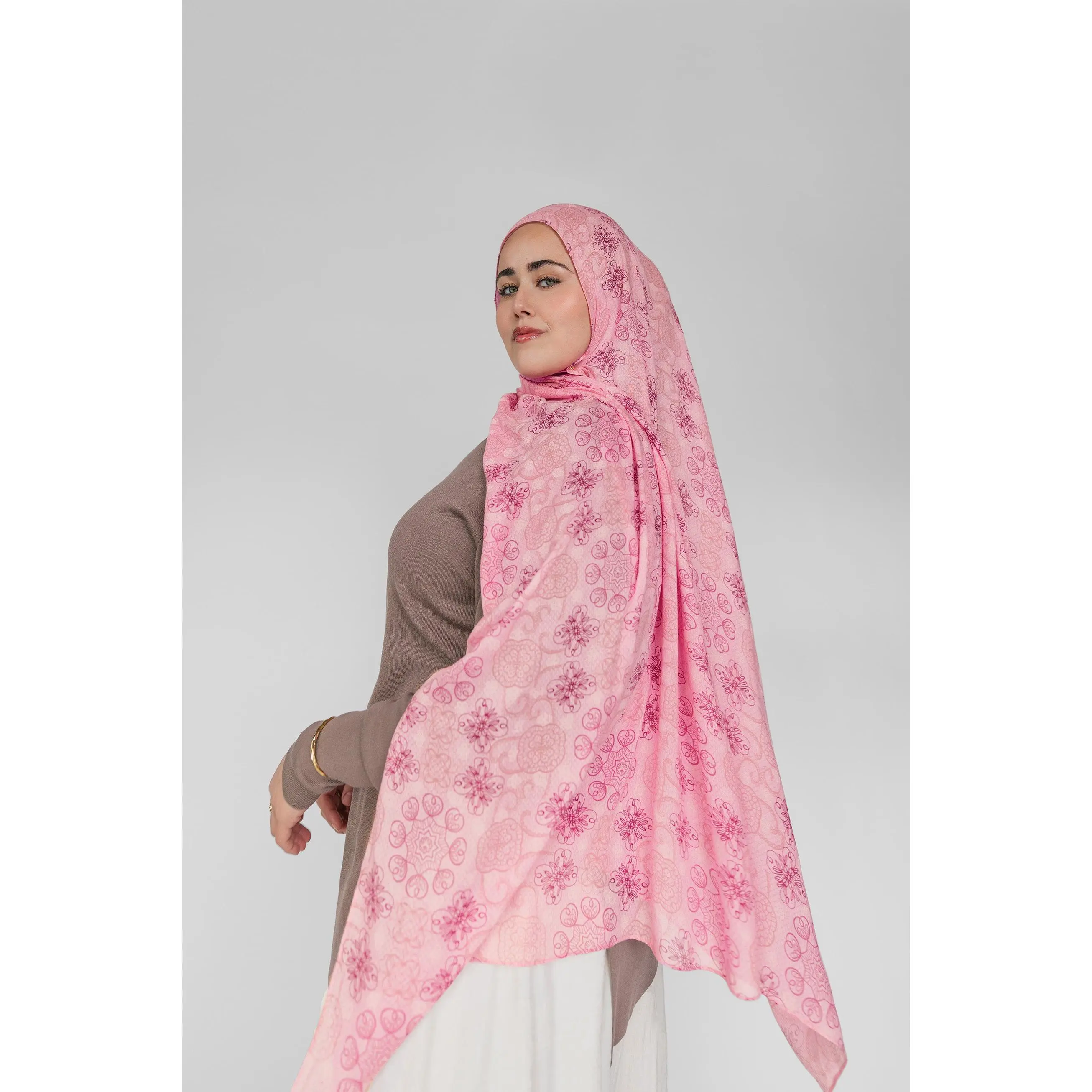 VELA Female Printed Square Hijab - Soft Woven Pink Geometric Mosaic Lace Modal, Modesty Hijab Wrap, Muslim Headscarf Cover, Hand Wash Only, Evening/Ramadan/Everyday Use