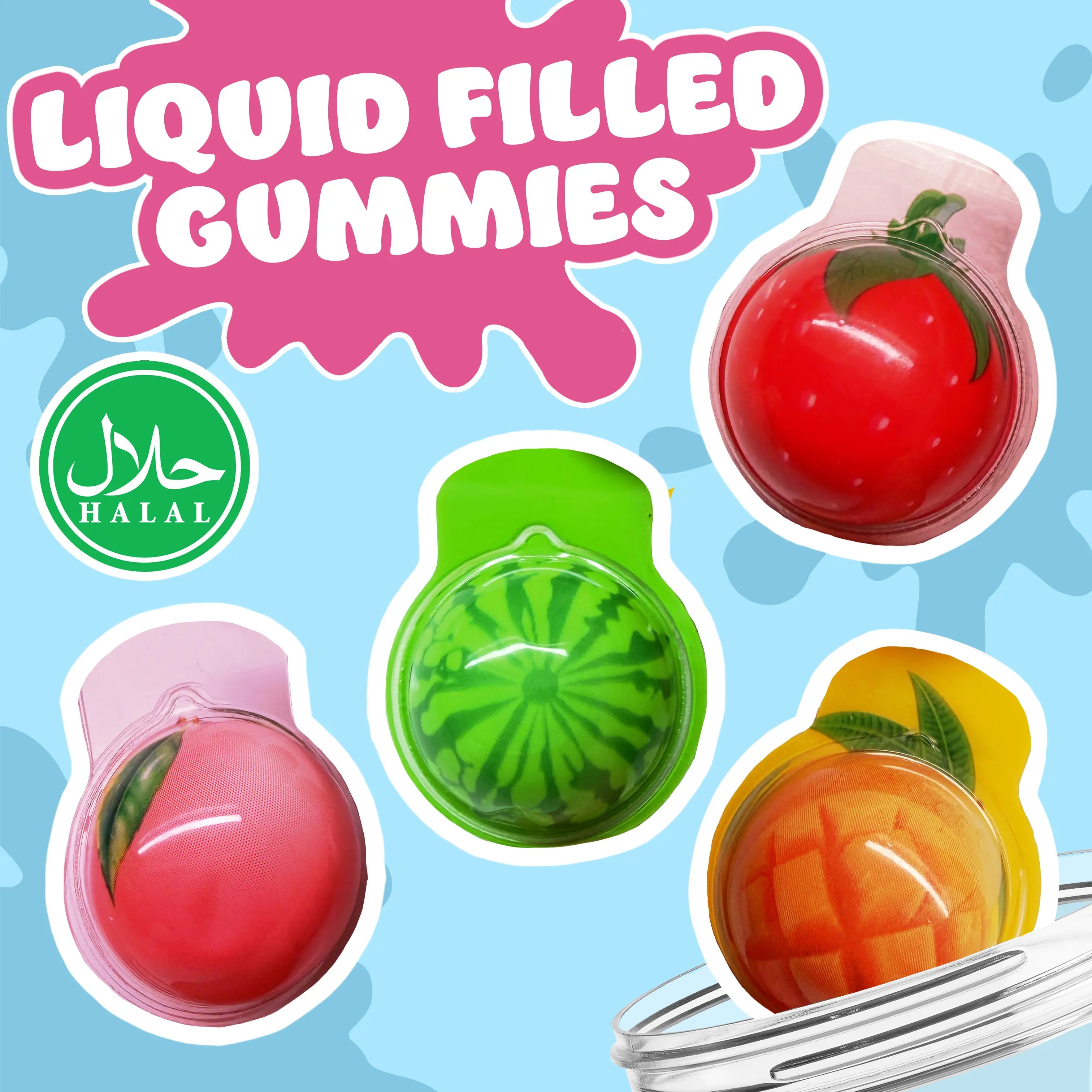Halal Liquid-Filled Gummy Fruit Candy – 16-Count Jar (Peach, Mango, Strawberry & Watermelon)