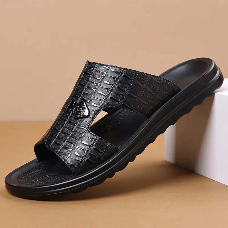 DINAOR Men's Casual PU Leather Slide Sandals, Comfortable Open Toe Footwear with a Thick Non-Slip Sole for Summer Daily Wear, Shoe, Casual Footwear, Fashionable Casual Sandals