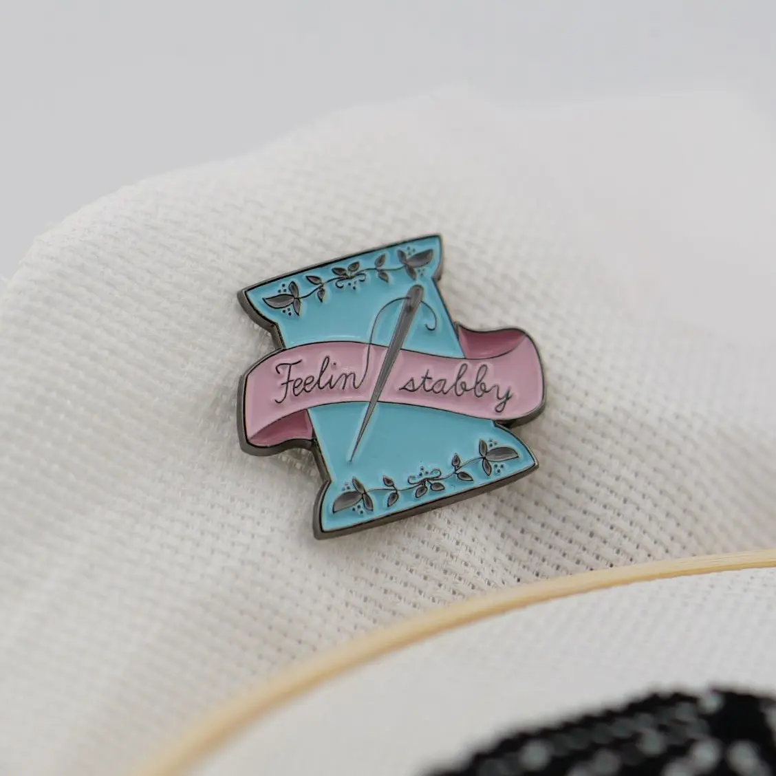 Feeling Stabby Blue & Pink Needle Spool Hard Enamel Pin Magnetic Needle Minder
