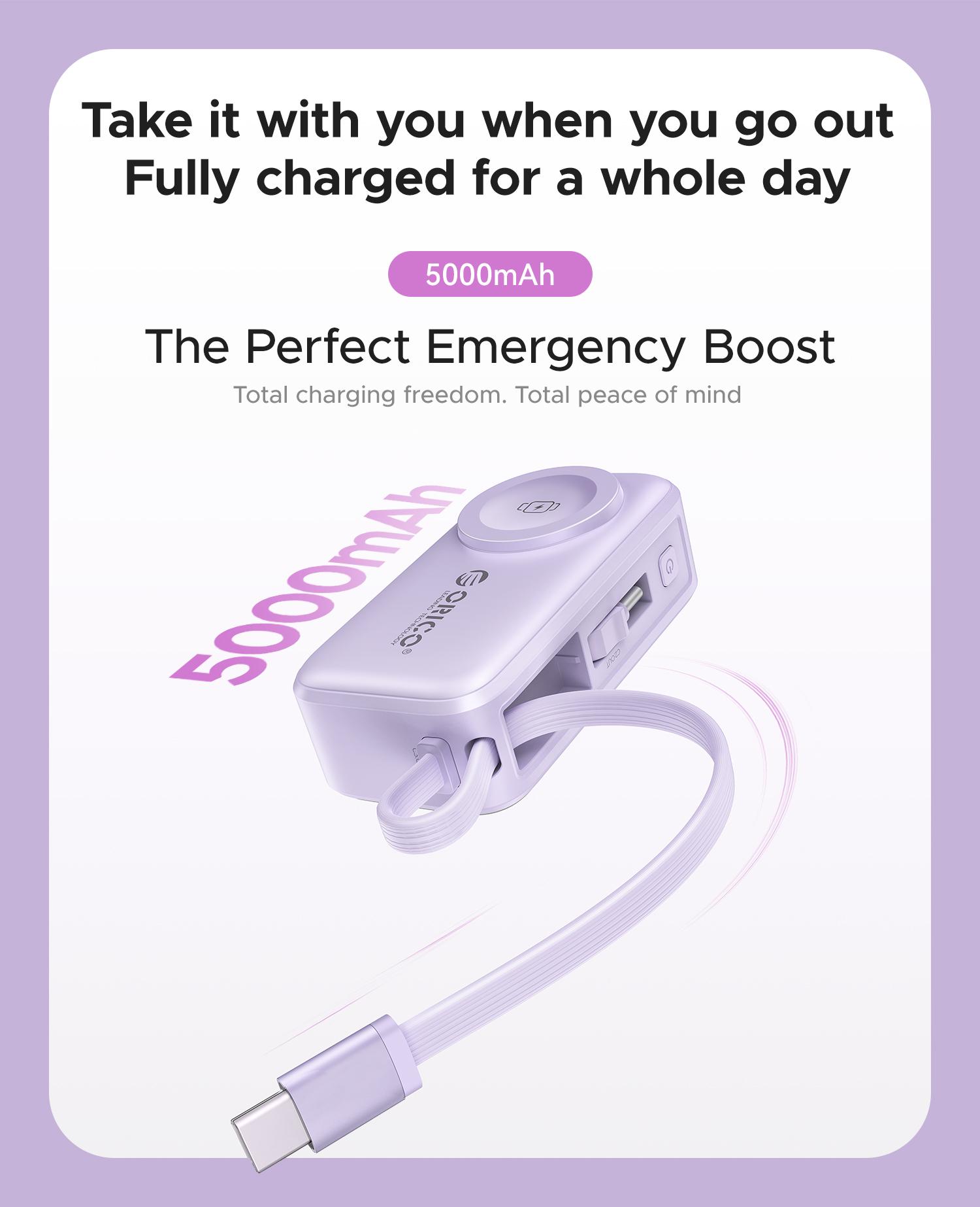 Orico 3-in-1 Portable Power Bank with Integrated Cable, Watch Wireless Charging, and Foldable Wall Plug – Compact Fast-Charge Battery for iPhone & Android - S18