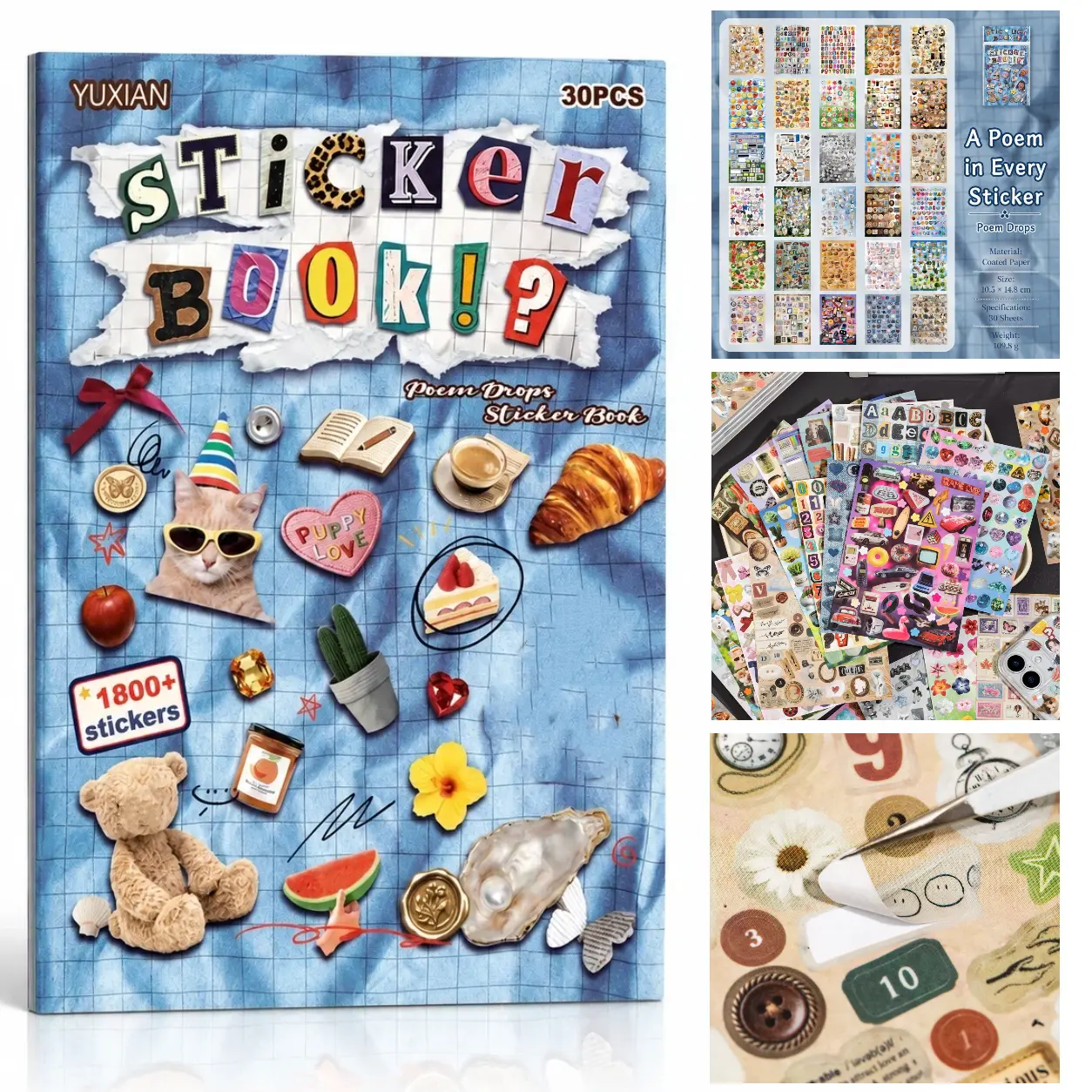 1800+ Pcs Coated Paper Sticker Book (30 Sheets) - Tiny Food, Pets, Alphabet, Numbers, Florals, Retro Tech Stickers for Journaling, Scrapbooking