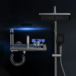 Lue's House Grey Piano Button Ambient Light Bathroom Shower Full Set Digital Display Shower System Sets Rain Faucets Shower Head