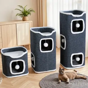 Raybee Multi-Level Vertical Cats Tower House for Indoor Cat Cave Bed with Hanging Toy Ball Space-Saving Cute Cat Condo Pets Furniture #Summervibes
