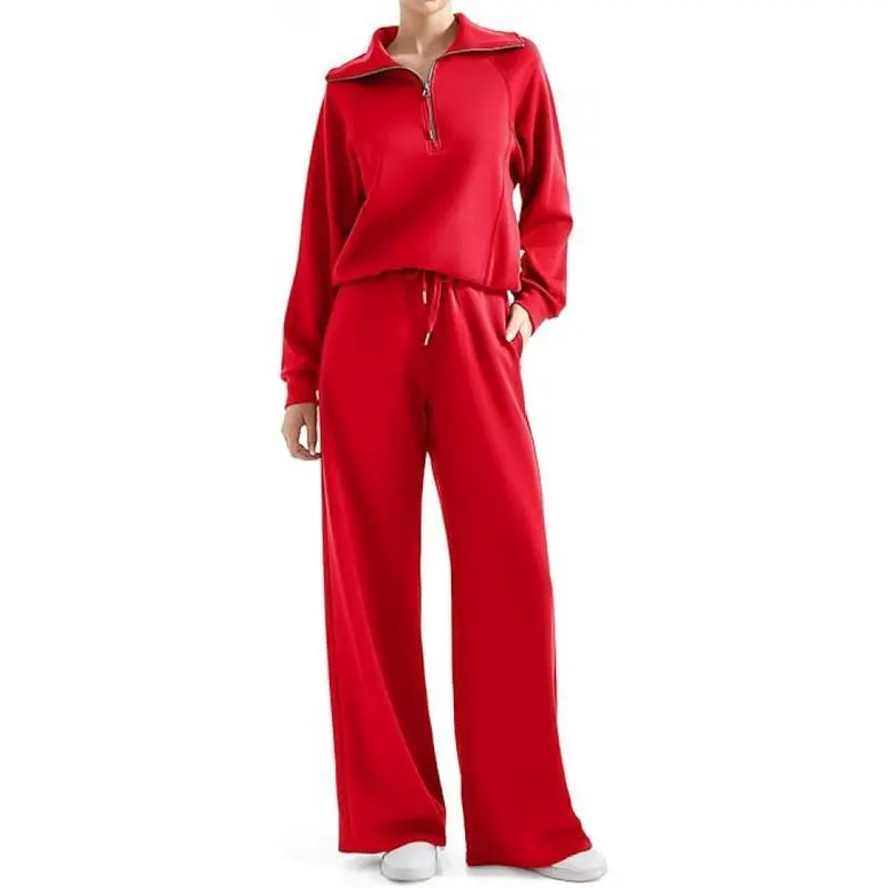 WomenTWO Piece Lounge Matching Set Wide Leg Sweatpant Half Zip Sweatshirt Basic Long Sleeve top leg nine-point pant