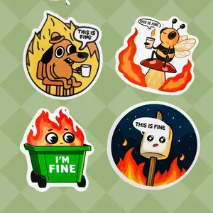 Funny “This Is Fine” Meme Sticker books Set 4PCS, Cute Journaling & Coquette Style Vinyl Decals for Laptop, Water Bottle, Planner
