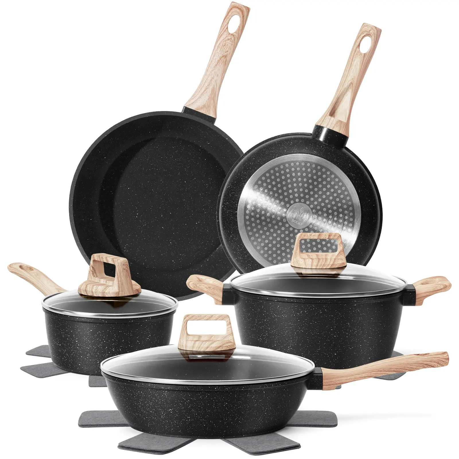 [NEW] SODAY 12 POTS and Pans Set B,NonStick Granite Cookware Set ,Non-toxic Healthy Nonstick Kitchen Cooking Set with Frying Pans, Saucepans,Glass lid,Kitchenware,stock up on specials,backtoschool, glowup