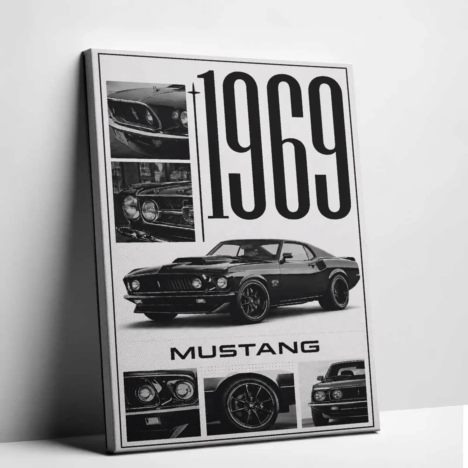 1969 Mustang Muscle Car Canvas Wall Art Vintage Black and White Classic American Car Poster Print Retro Garage Vehicle Canvas Painting Cool Automotive Graphic Picture Decor for Living Room Garage