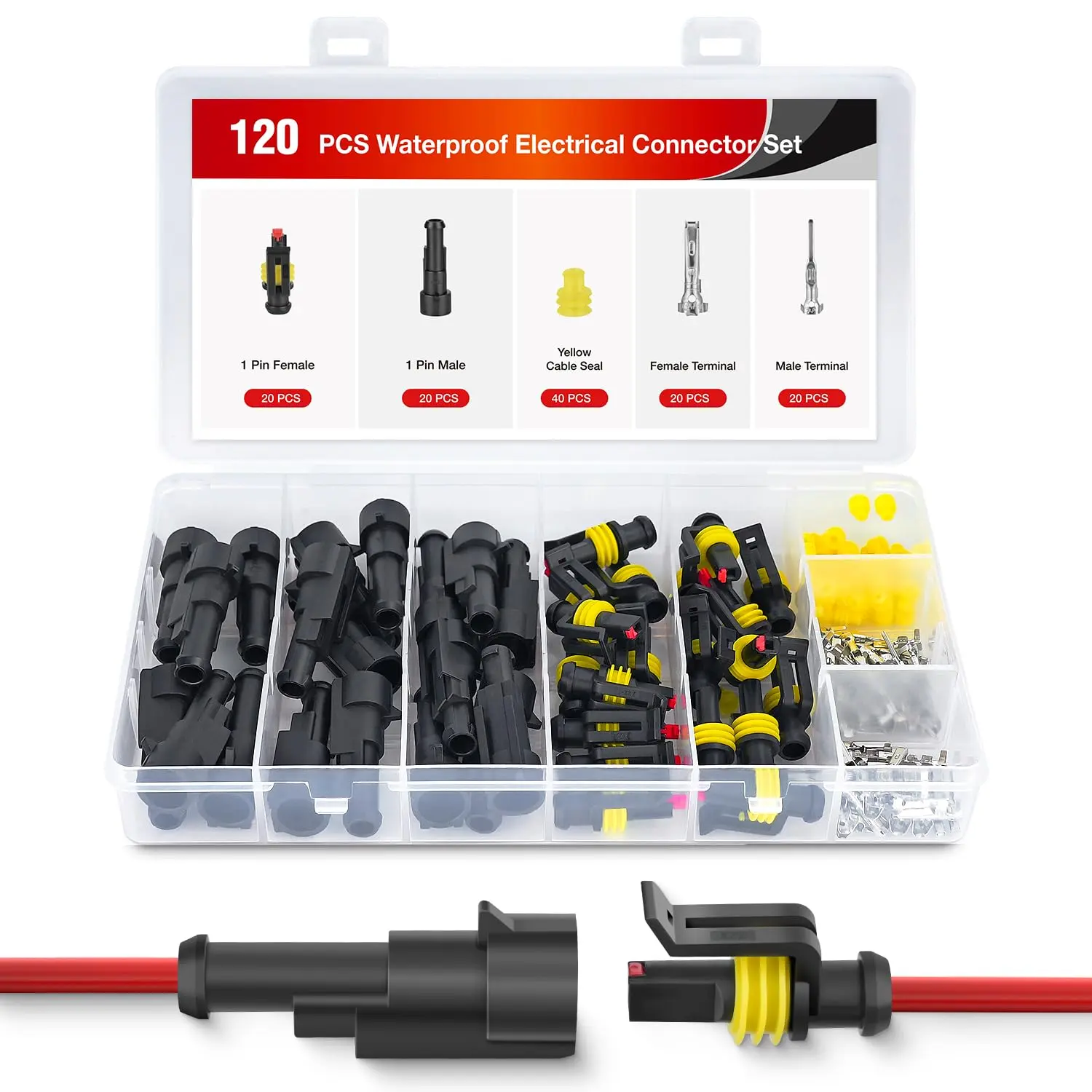 Nilight 120PCS 1 Pin Electrical Connector ‎Plug Male Female Terminal Wire Connector Waterproof Connectors 1 Way Automotive Connect Set for Car Truck Motorcycle Marine Boat 20 Sets