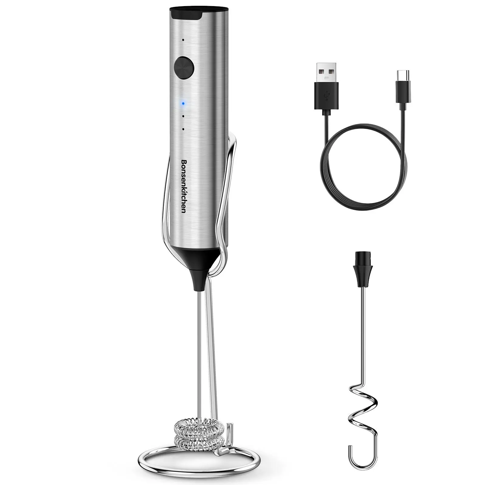 Rechargeable Milk Frother with Stand, 3-Speed Handheld Coffee Frother, Dual Spring Whisk Electric Hand Frother Wand Drink Mixer for Lattes Cappuccino Protein, Kitchen Gifts,home essentials Coffee Equipment Coffee Tools