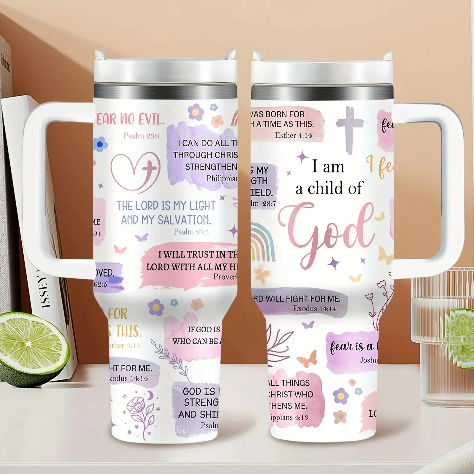 Traveler Tumbler  Inspirational Bible Verse Travel Mug 40 Oz BPA Free With Handle & Straw For Cars Water Bottles Outdoor Sports Drinkware Flasks Faith Gift Christmas & Thanksgiving Gift