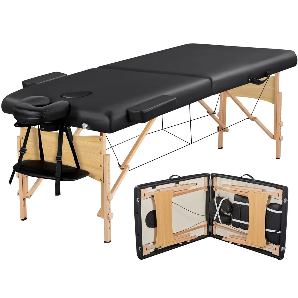 Yaheetech 28 In Beech Wood Foldable Massage Table - Sturdy Portable 2-Sectional Salon Spa Bed, Metal Legs, Adjustable Hand Pallet, Foam Padding, Faux Leather Upholstery, 220lb Capacity