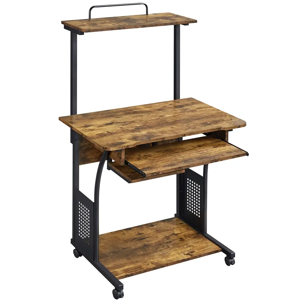 Costoffs Compact 3-Tier Rolling Computer Laptop Desk - Sturdy Office Furniture with Rolling Base, Slide-Out Keyboard Tray, Printer Shelf, Practical Desktop Stand for WFH Setup, Small Spaces