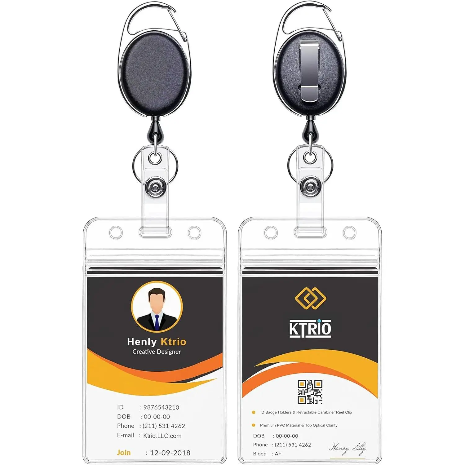 KTRIO ID Badge Holders with Metal Clip and Keyring - Vertical Clear Plastic ID Card Holders - Retractable 24" Pull Cord for Office, School