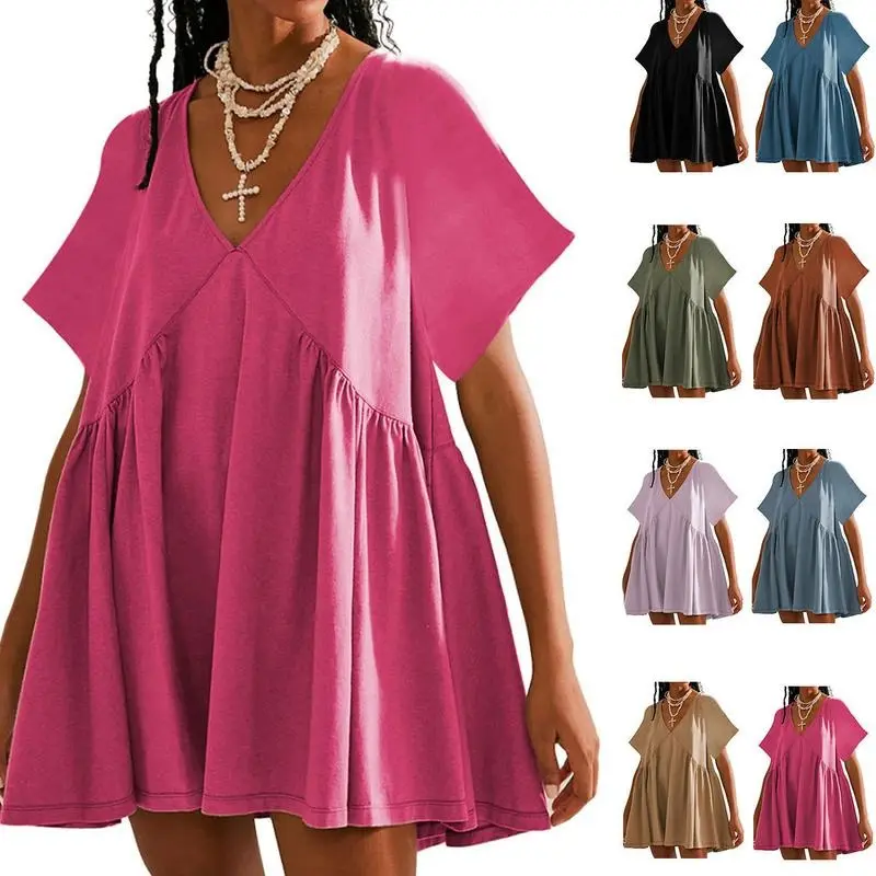 Woodberry Lady's Soft Breathable Cotton Tunic Dress, Casual A-Line V-Neck Mini with Pockets and Babydoll Detailing, Shortsleeve, Going Out, Basic, Casual Wear, Fabric, Short Sleeves, Drop Shoulder, Pull-On, Side Pockets, Cute, A Type