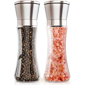 Pepper and Salt Grinder Set of 2, Refillable Stainless Steel Mill with Adjustable Coarseness, Glass Body Spice Grinder for Pepper, Sea Salt, and Other Whole Spices - Ship from Local Warehouse