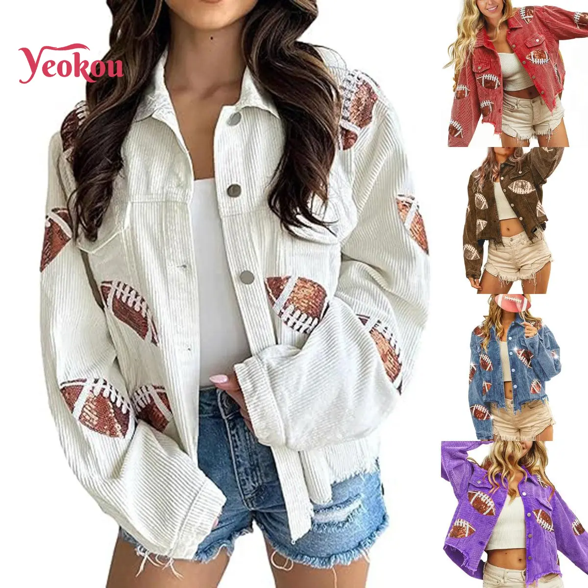 Yeokou Women's Casual Oversized Corduroy Shacket, Sequin Football Long Sleeve Jacket with Cropped Tassel Hem for Game Day, Tops, Coats, Casual Fashionable Outerwear, Machine Washable, Normal Type, Fitted, Short, Thanksgiving, Graphic, Lady, Clothes, Easte