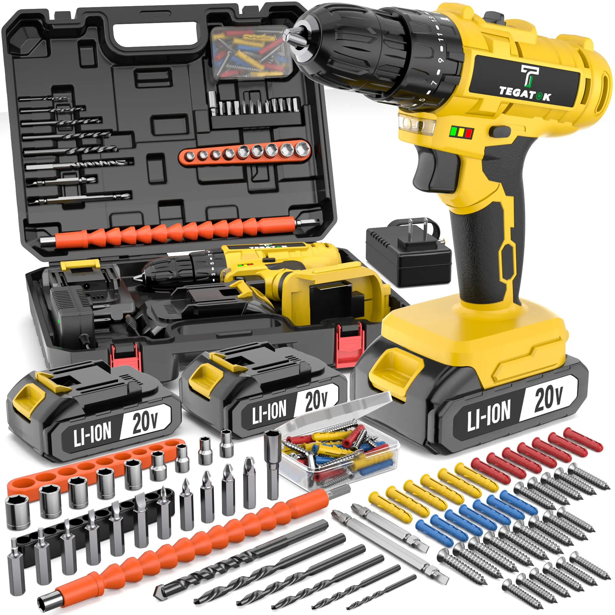 20V Cordless Power Tools Full Kit - High Torque Impact Driver, Electric Drill, 2.0Ah Battery, Charger, Drill Bits, Accessories, Easy-Carry All-in-1 Toolbox for DIY Fixes Simple, Steady Work, 20V Power Cordless Freedom