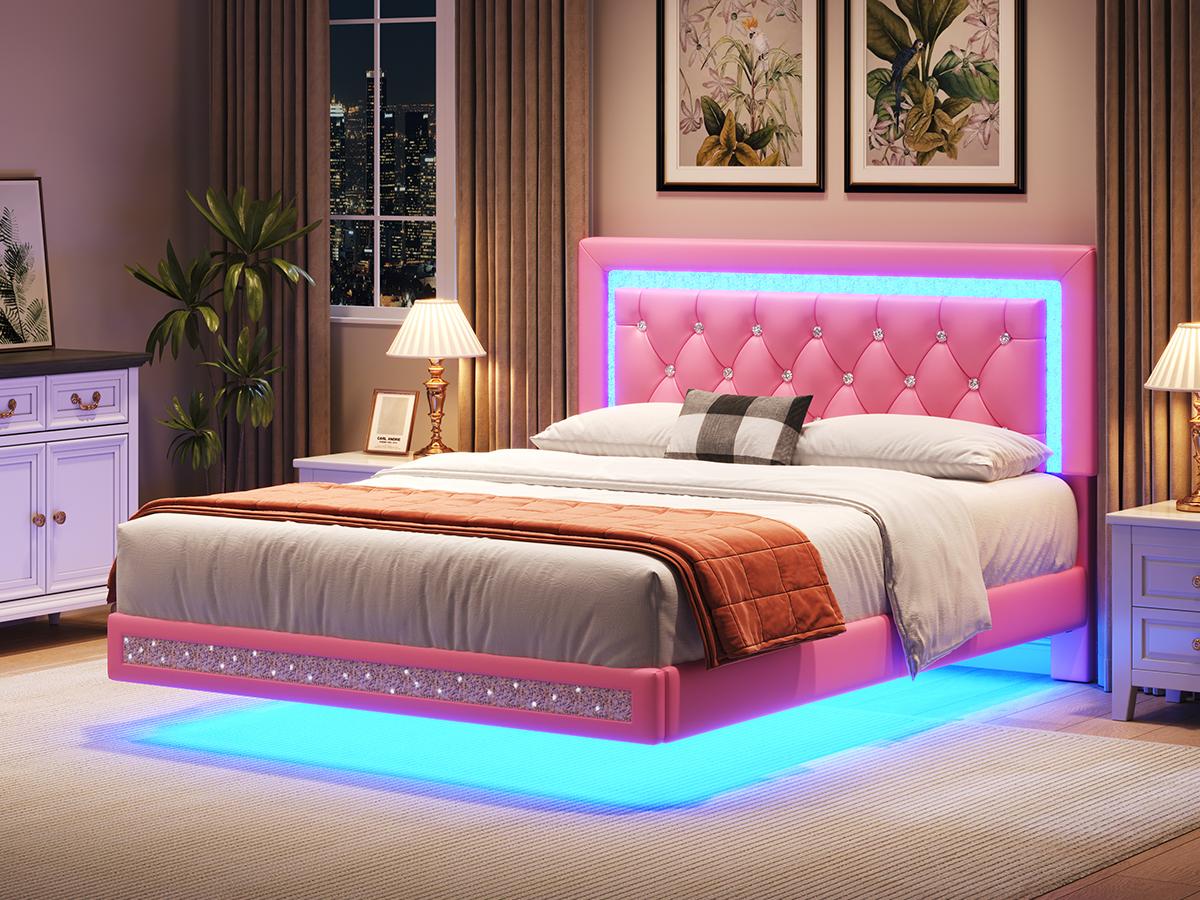 TryLazy Modern Floating Bed Frame with LED Lights, Upholstered Platform Bed Diamond Tufted Headboard, No Box Spring Needed, Noise Free, Easy Assembly