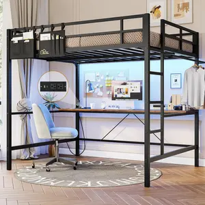Hasuit Full Size Metal Loft Bed with Desk, LED Lights & Charging Station - Sturdy Space-Saving Bed Frame, Loft Bed Full Size Includes Safety Guard Rail & Ladder,  Durable