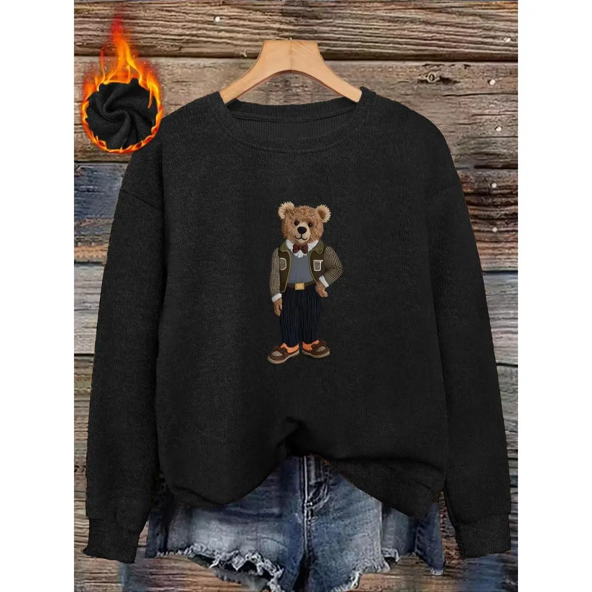 Men's Elegant Bear Print Faux Fur Round Neck Top - Fitted-Loose Casual, Soft Plush Vintage, Fall & Winter Menswear Sweatshirt, Sweatshirts, Attention To Detail, Imitation Wool