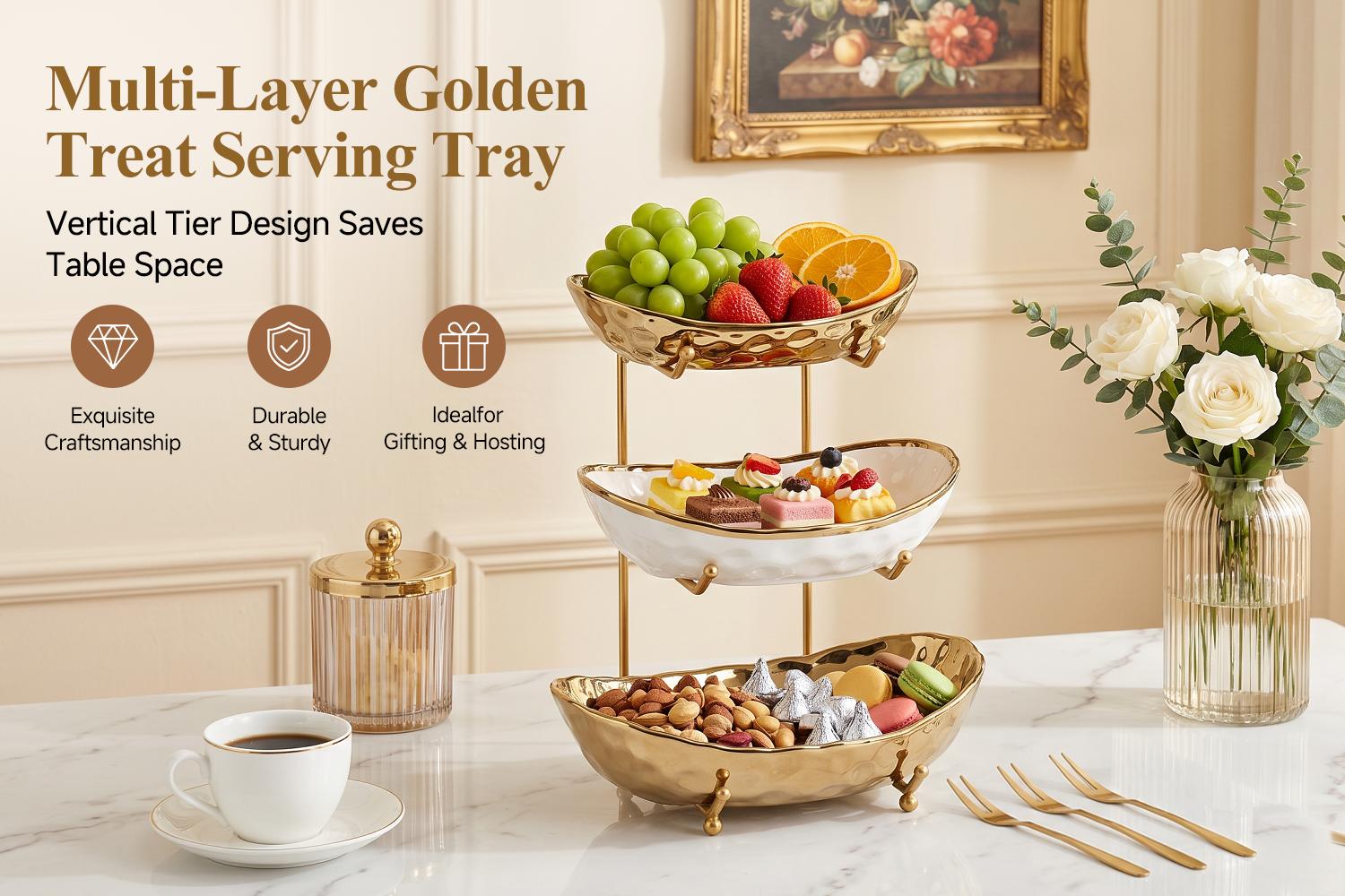 3-Tier Ceramic Fruit Bowl with Gold Metal Stand & 3 Gold Fruit Forks, Modern Kitchen Counter Fruit Basket & Countertop Organizer for Fruit, Snacks, Desserts, Bread & Vegetables