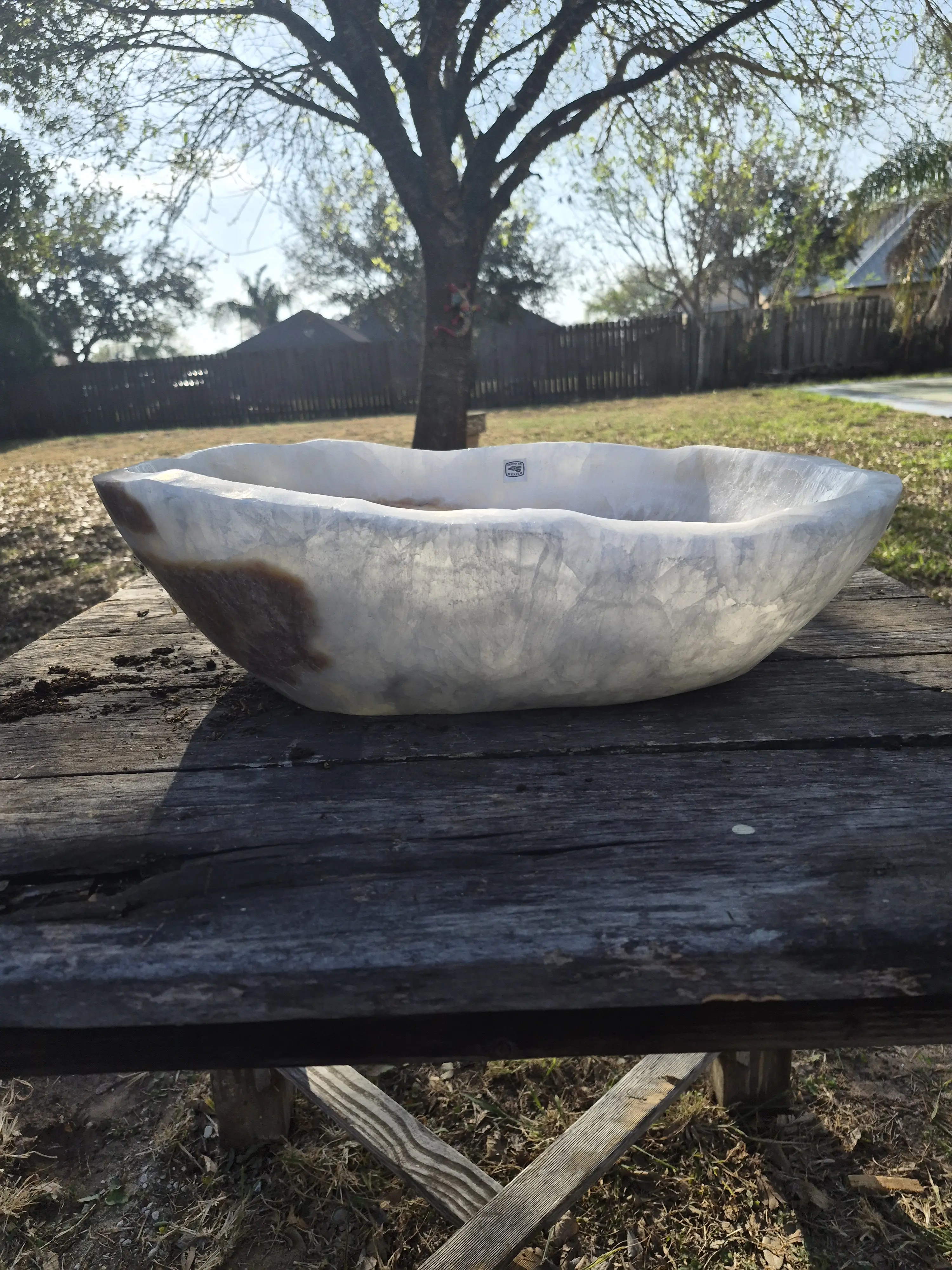 Natural White & Chocolate Onyx Planter Bowl – Hand-Carved Stone Bonsai Planter / Decorative Onyx Vessel