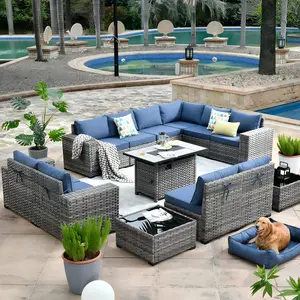 【Summer Vibes】Ovios 13-Piece Outdoor Patio Furniture with 7.68'' Broad Handrails & 42.12'' Rect Fire Pit Table, All-Weather Wicker Conversation Set w/ Cushions for Backyard Patio Porch Deck Garden Balcony Seat