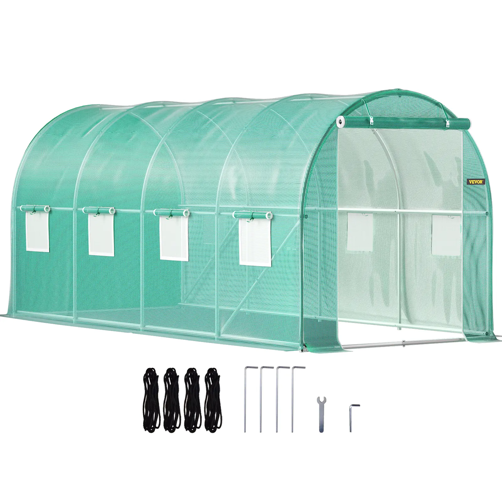 VEVOR Portable Walk-in Tunnel Greenhouse (15x7x7 ft, Actual 14.8x6.6x6.6 ft) with Galvanized Steel Hoops, 1 Top Beam, Diagonal Poles, Zippered Door, 8 Roll-up Windows, Green Garden Accessory for Flowers, Father's Day Gift Option, Flower, Kit, Creating Bea