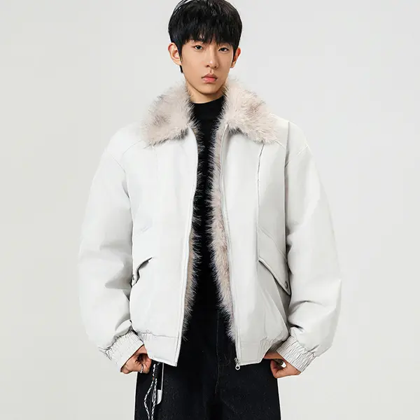 Men's Oversized Statement Faux Leather Coat - Full Length, Long Sleeve, Contrast Faux Fur Trim, Plain Solid, Pull-On, Fake Pockets, Polyester, Luxury Look, Minimalist Casual Piece for Christmas, Everyday Outfits,sohochic