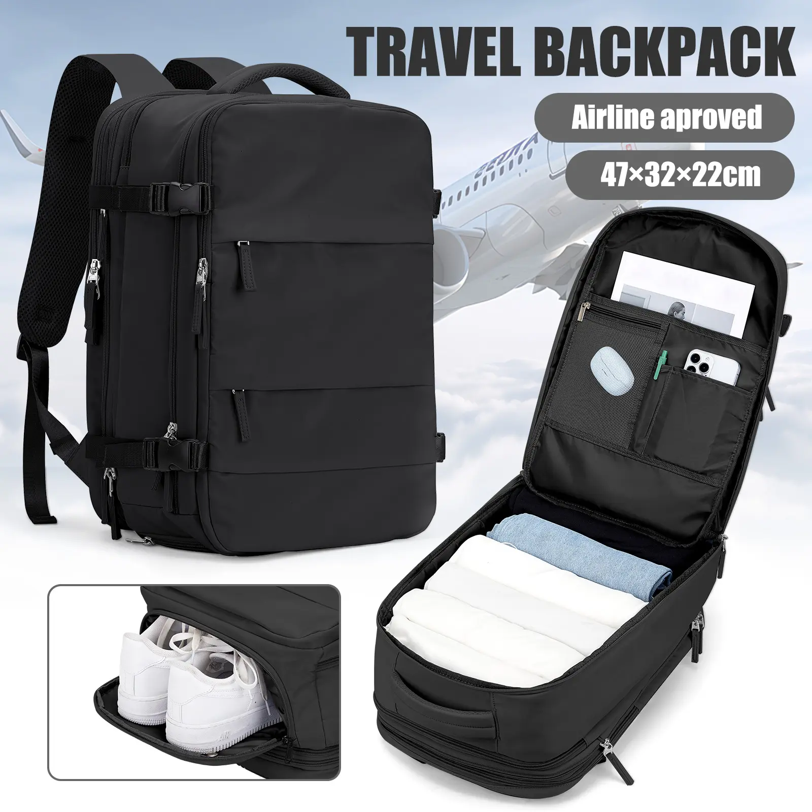 HYCOO Expandable Anti-Theft Travel Backpack,  Carry On Airback Backpack 40x20x25cm,，2026 Casual Large Capacity Airport Approved Travel Backpack For Women/Men,Personal item  School Backpack For Airplane With Laptop Compartment