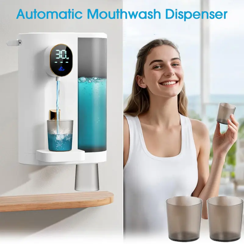 Electric Mouthwash Dispenser 600ML, Desktop/wall-Mounted, LED Display, Magnetic Cups, Touch Control, Bathroom Installation, Liquid Dispenser