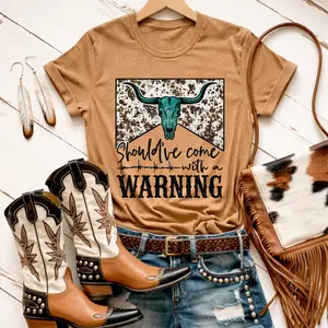 Envy Stylz Boutique Should've Come With A Warning Cowskull Graphic Tee - Fitted Short Sleeve Crew Neck Casual Unisex Top