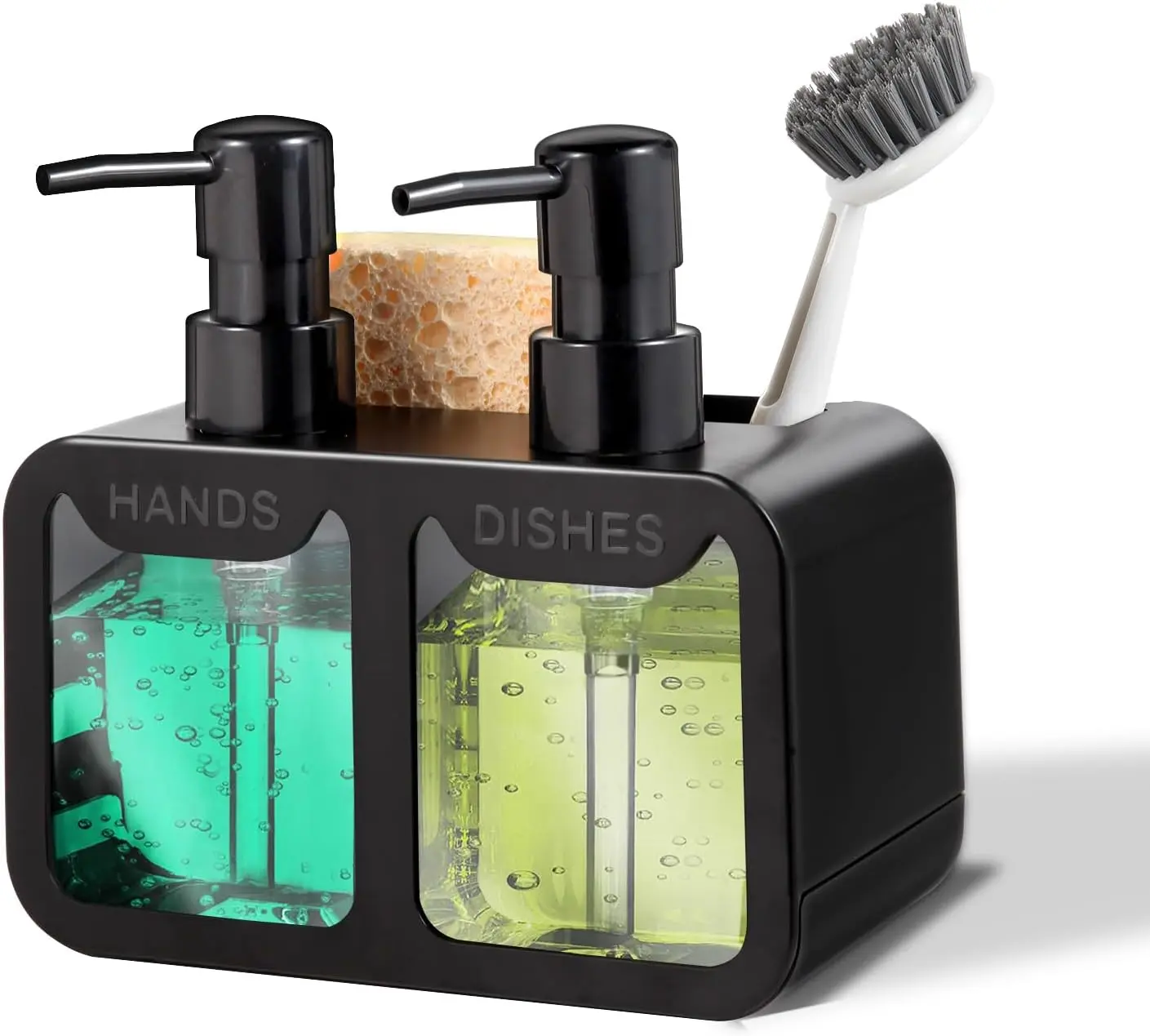 Kitchen soap and dish soap dispenser set, dual soap dispenser with sponge box and brush holder - 4-in-1 storage rack, suitable for kitchen sink countertop, practical kitchen gadget - black
