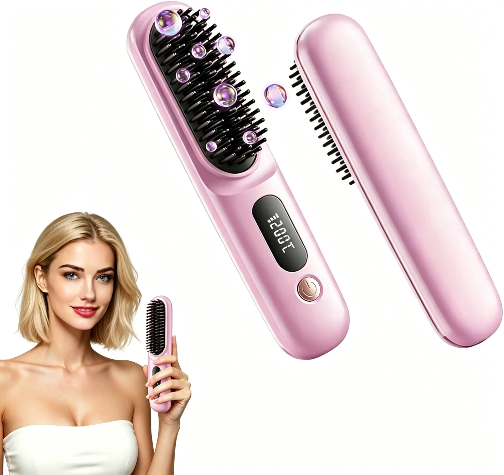 Go Brush Pro 2026 Cordless Hair Straightener Brush with Curling Bracket, 2-in-1 Straightening & Curling Tool, 79 Teeth MCH Heating, 199M Ionic Anti-Frizz, 1-Min Fast Heat, 4000mAh Rechargeable, 3 Temp Settings