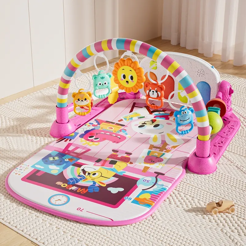 Baby Fitness Mat with Safety Rails and Bell, Infant Play Gym and Activity Toy, Newborn and Toddler Game Pad, Christmas Birthday Gift