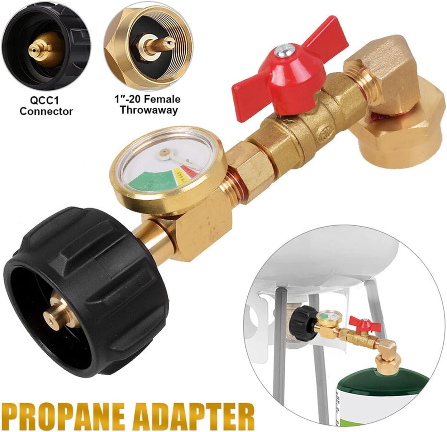 Propane Refill Adapter with Valve and Gauge, Fill 1 Pound Bottles from 20lb Tank, Fits QCC1 / Type1 Propane Tank and 1 lb Throwaway Disposable Cylinder Propane Bottle Connector, Men Gifts