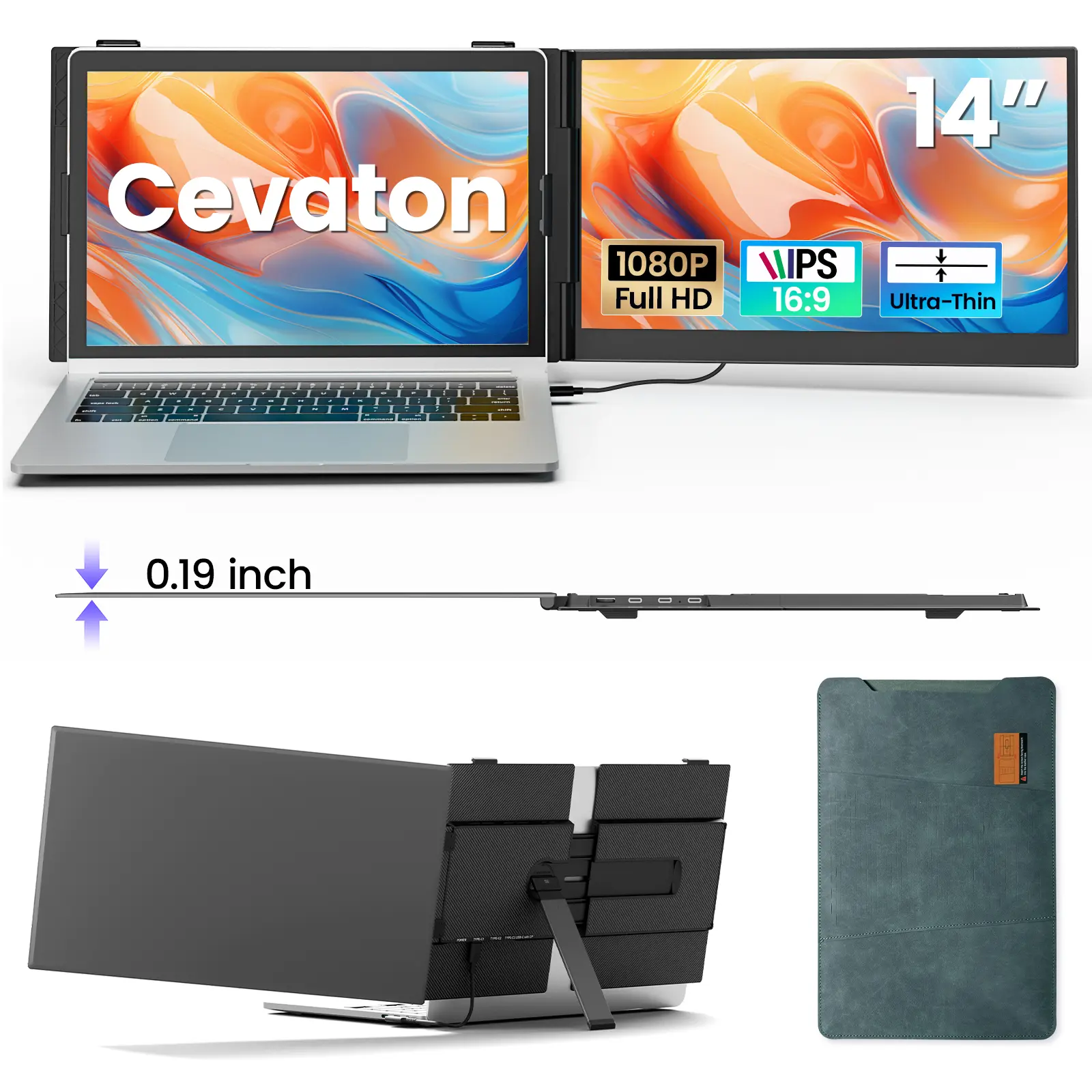 Cevaton 14" Portable Monitor for Laptop, Ultra-Slim Laptop Screen Extender, 1.3 lbs Lightweight Second Screen for 13"-17" Laptops, 1080P FHD External Display, USB-C/HDMI Connection, Monitor Only,#TikTokBackToSchool