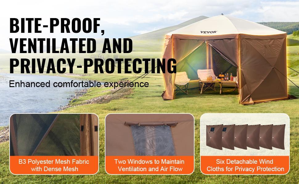 VEVOR Camping Gazebo Screen Tent, TikTokShopBlackFriday, 12*12ft, 6 Sided Pop-up Canopy Shelter Tent with Mesh Windows, Portable Carry Bag, Stakes, Large Shade Tents for Outdoor Camping, Lawn and Backyard, Brown/Beige VEVOR Camping Gazebo Screen Tent, TikTokShopBlackFriday, 12*12ft, 6 Sided Pop-up Canopy Shelter Tent with Mesh Windows, Portable Carry Bag, Stakes, Large Shade Tents for Outdoor Camping, Lawn and Backyard, Brown/Beige