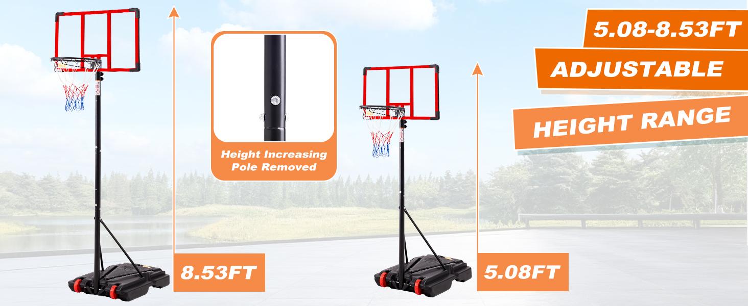 Basketball Hoop Outdoor, 5.08-8.53FT Adjustable Height, Portable Basketball Hoops & Goals for Kids Teens Youth, with Fillable Base Shatterproof Backboard for Backyard Driveway