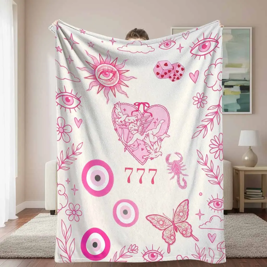 Pink Classic Velvet Flannel Cozy Throw Blanket - Soft, Warm, Lightweight, Breathable, Wrinkle-Resistant, Warmth Retentive with Romantic Motifs Sun, Eye, Heart, Doves, Butterfly, Dice Prints - Bedroom Accessory, Ideal Gift for Home & Travel Indoor Use
