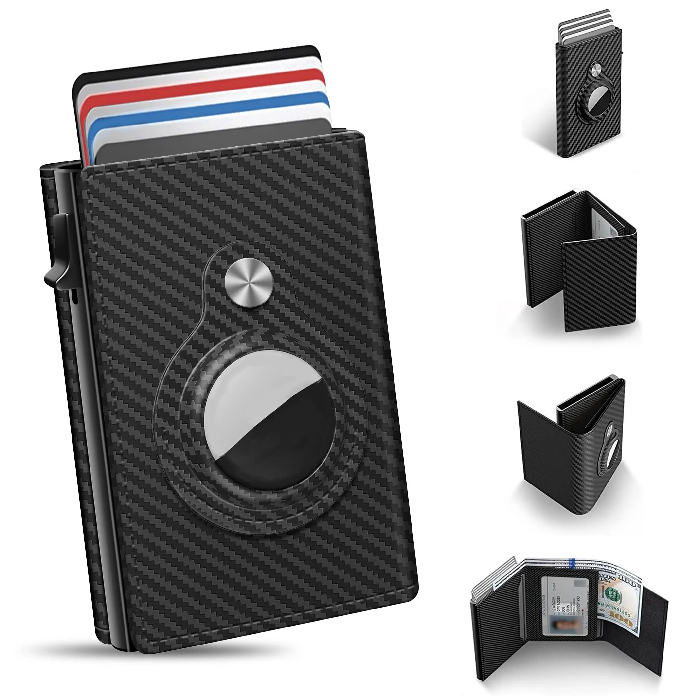 Men's Wallet RFID Slim Smart Wallet Card Holder with AirTag Holder Leather Carbon Fiber Minimalist Pop Up Wallet 9-14 Card Capacity ID Window Cash Slot for Everyday Carry Front Pocket Travel Gift for Men