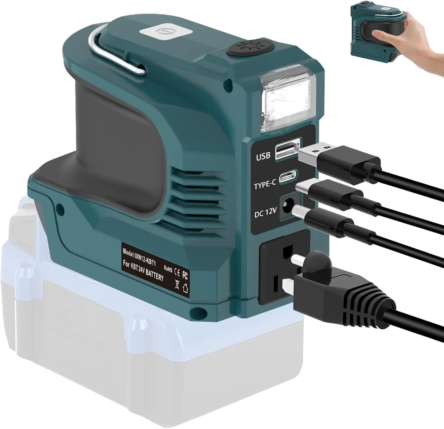 Portable Power Inverter for Kobalt 24V 18V Battery, 220W Power Supply Converter, DC 24V to 110V AC Outlet Adapter with USB-C PD & USB-A QC3.0 & DC 12V & LED Work Light (Battery Not Included)