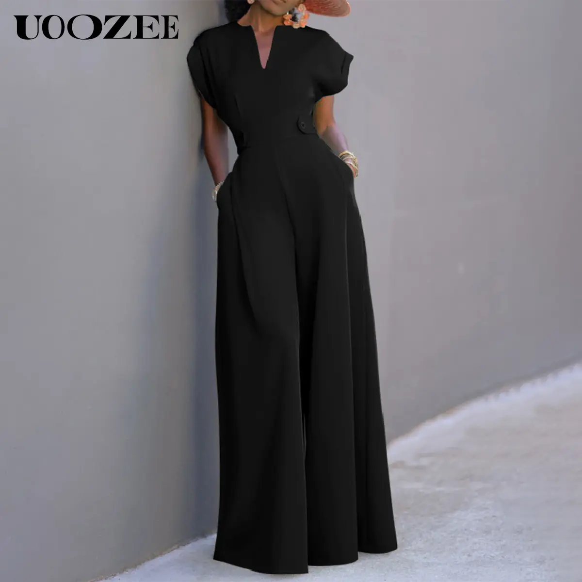 UOOZEE Women's Elegant Green V-Neck Jumpsuit - Chic Cap Sleeve Wide Leg Polyester Style for Interviews, Lady, Elegance, Minimalist, Women's Clothing, Work Clothes Women